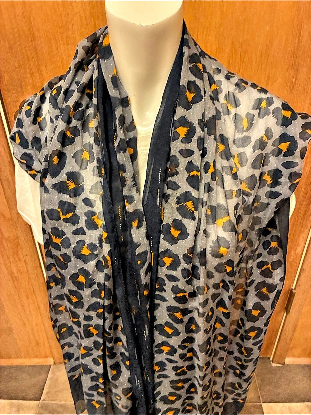 Navy Blue Grey Leopard Print Lightweight Chiffon Scarf Mustard Accent